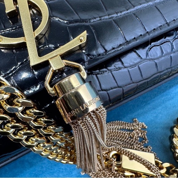 Yves Saint Laurent Black Croc-Embossed Leather Bag with Gold Chain - Picture 7 of 8
